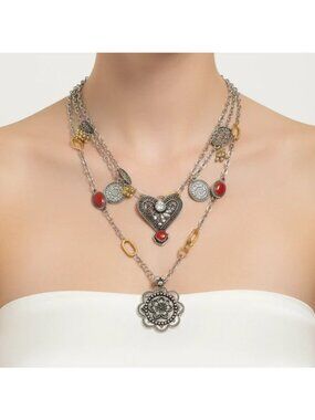 Zara Layered Chain Necklace Two Tone Heart Flower Medallion Charm 1011/271 NWT